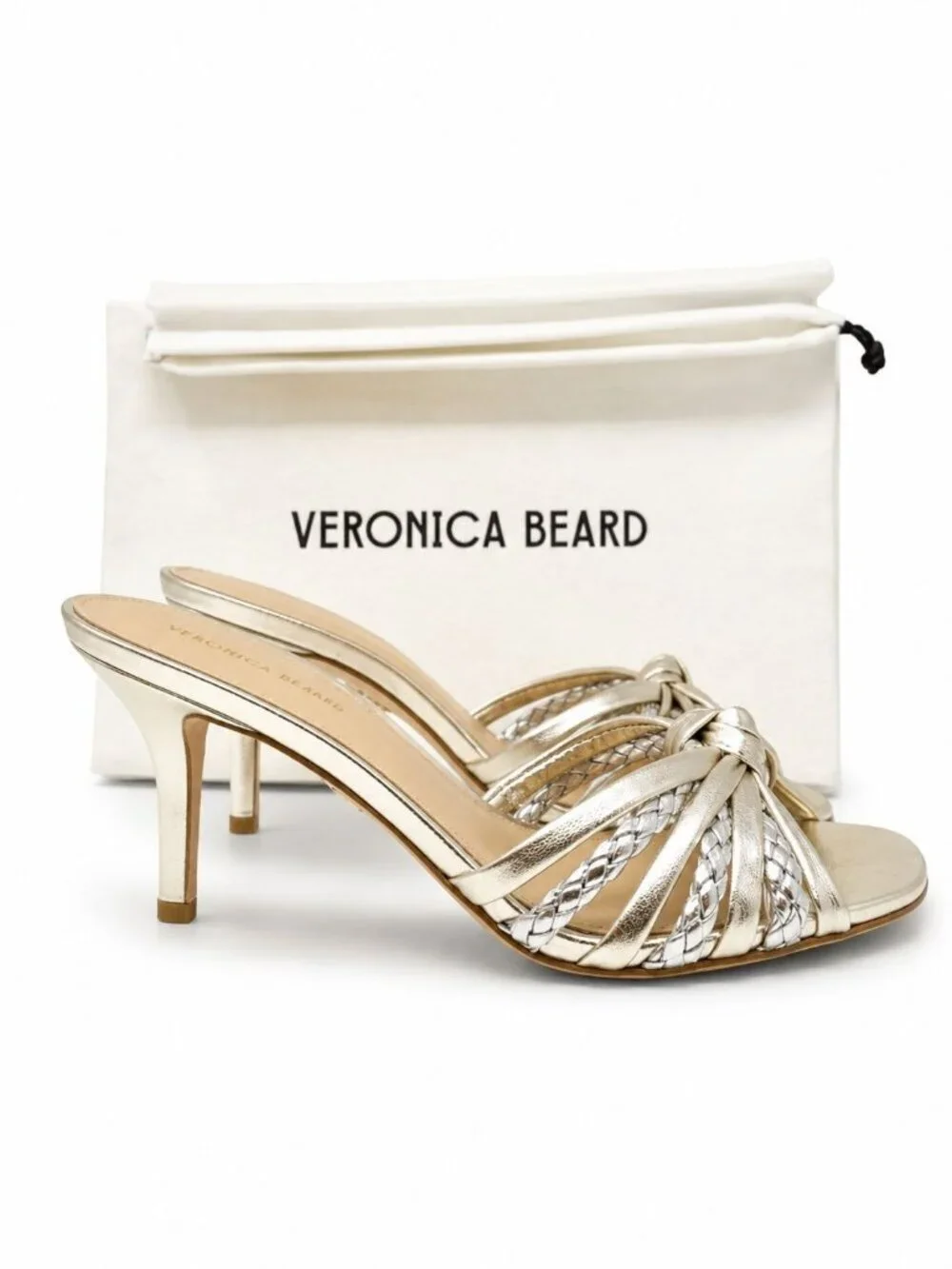 Veronica Beard Misa Knot Front Platinum Metallic Leather Heel Sandal Women's 5